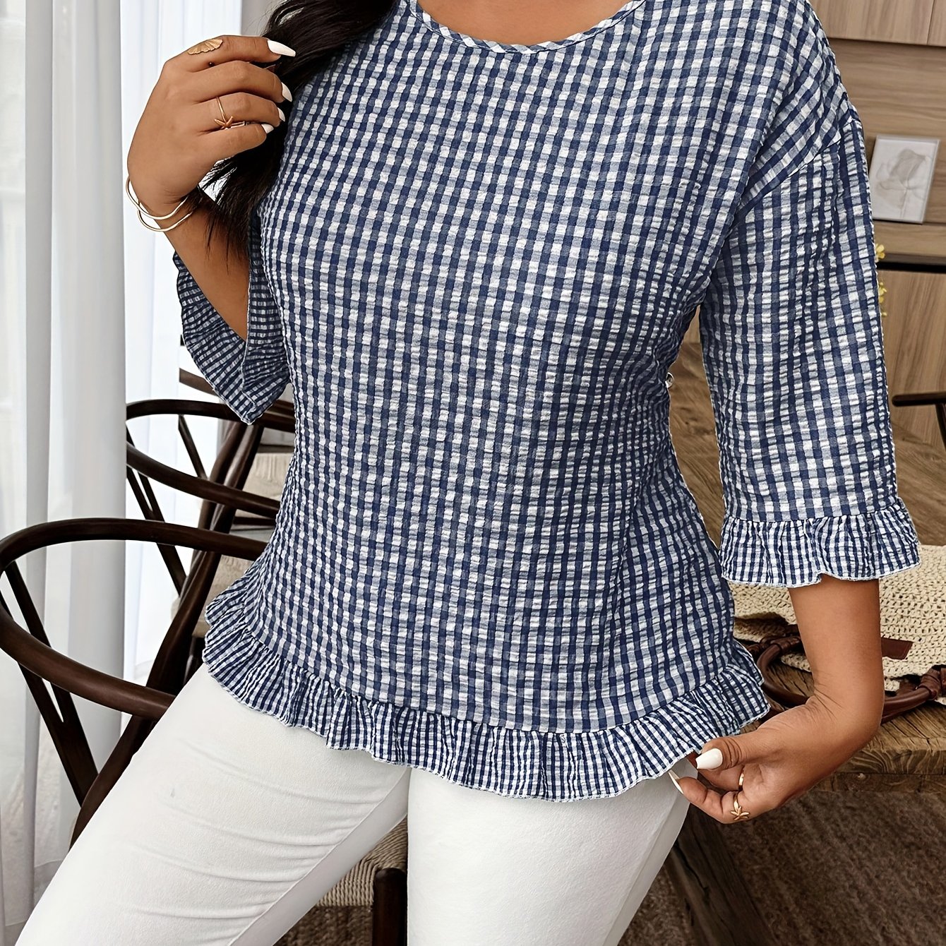 E-shop Plus Size, Damen Karo-Rundhals-Shirt mit 3/4-Ärmeln Rüschensaum, Casual