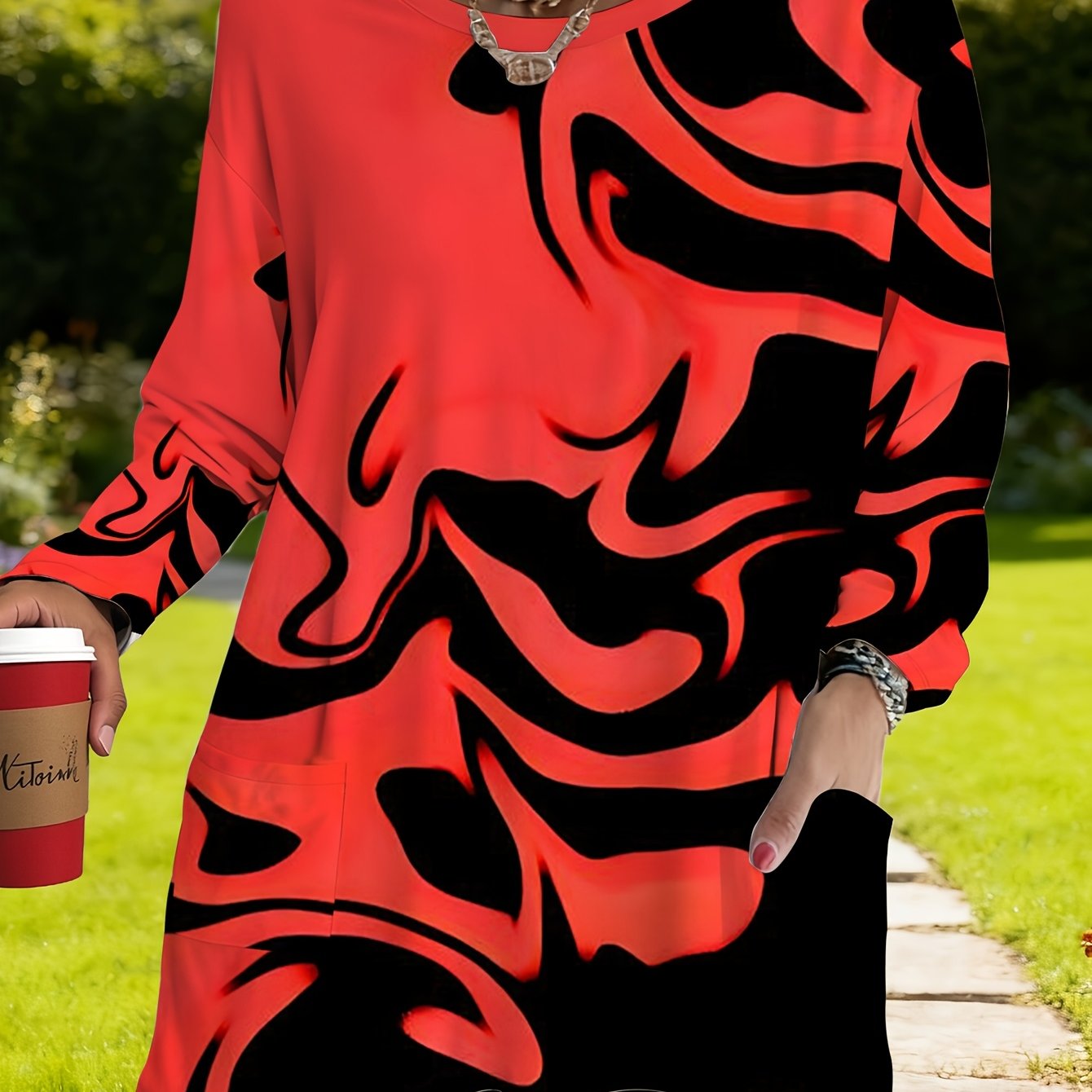 TEMU Women's Plus-size Print Loose-fit Long Sleeve Top With Pockets, Fashionable And Versatile Women's Sweatshirt, Casual Design, Suitable For Daily