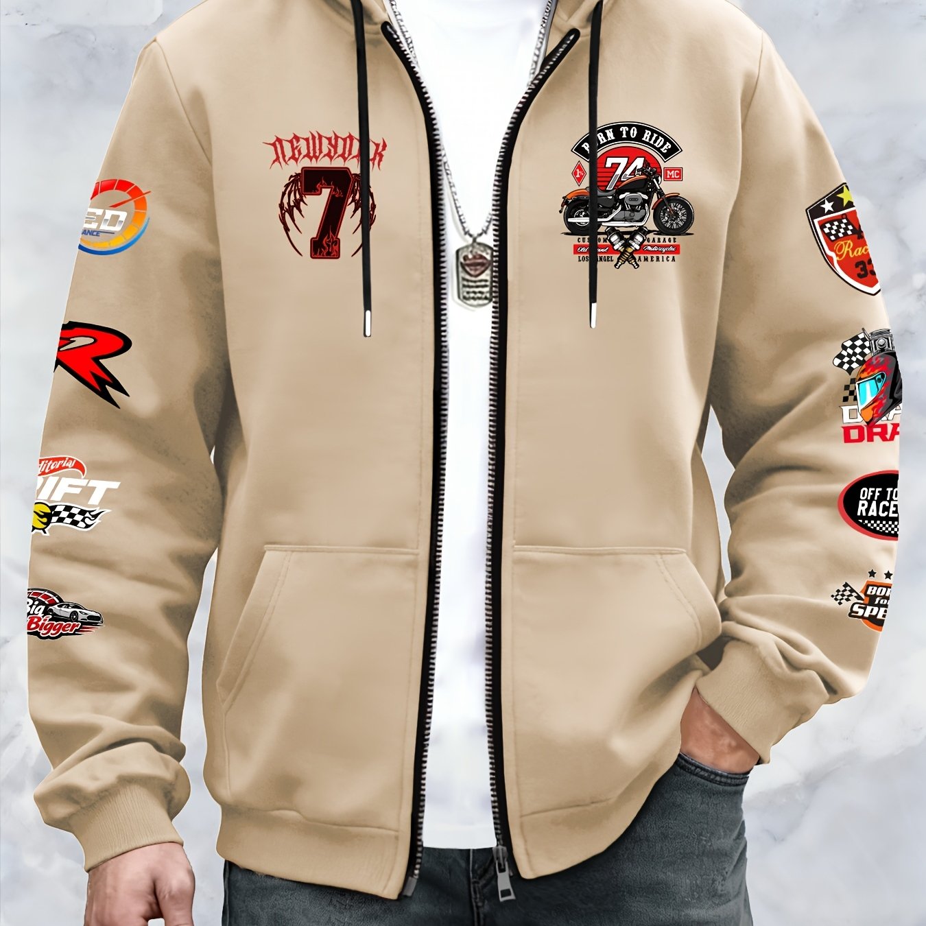 TEMU Men's New Casual Hooded Jacket, Geometric , Sporty Style, Casual Everyday Wear Hooded Jacket, Cardigan Zipper Design, Regular Fit With Side