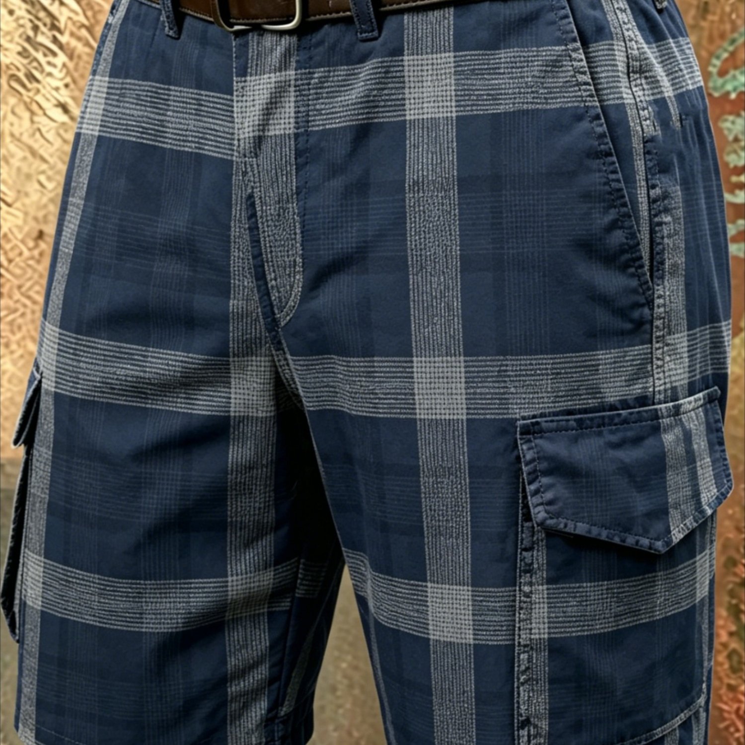 Image of 1pc Men's Navy Blue Print Cargo Shorts, Casual Multi- Shorts With Classic Tartan Pattern, Breathable Fabric For Daily Wear, Golf And Outdoor Activities