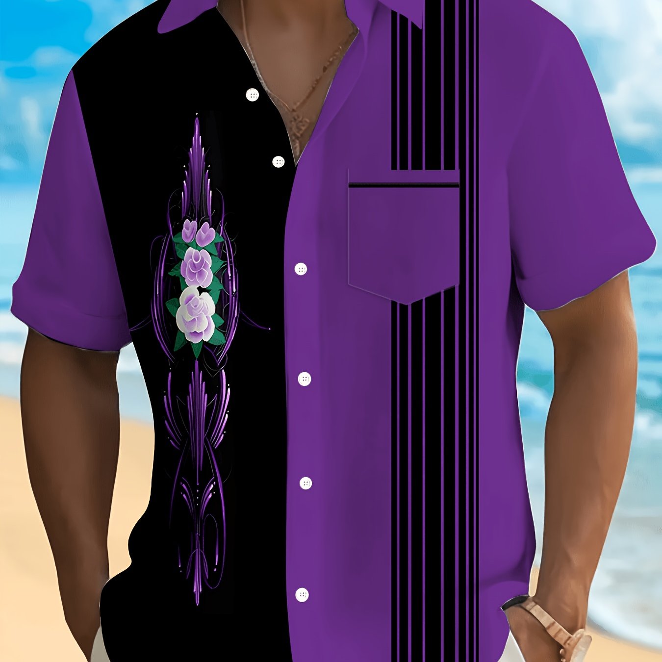 TEMU Men's Casual Short-sleeve Shirt With - Vibrant Purple And Black Geometric Pattern, Breathable Polyester Fabric, Button-up Collar, Machine