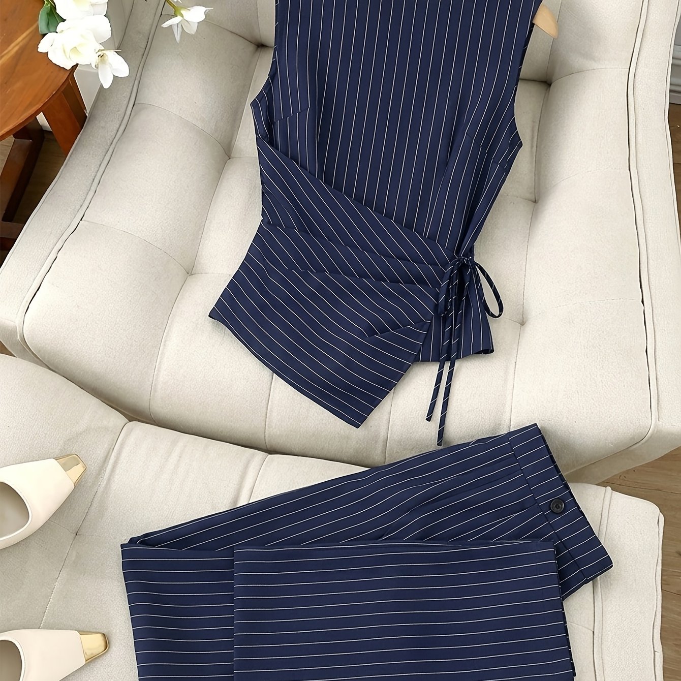 E-shop Damenanzug, lässiger Business-Stil, gestreiftes zweiteiliges Set, französisch gestreift, ärmelloser Jumpsuit, Damen-Taillenbund-Top, gerade Hose
