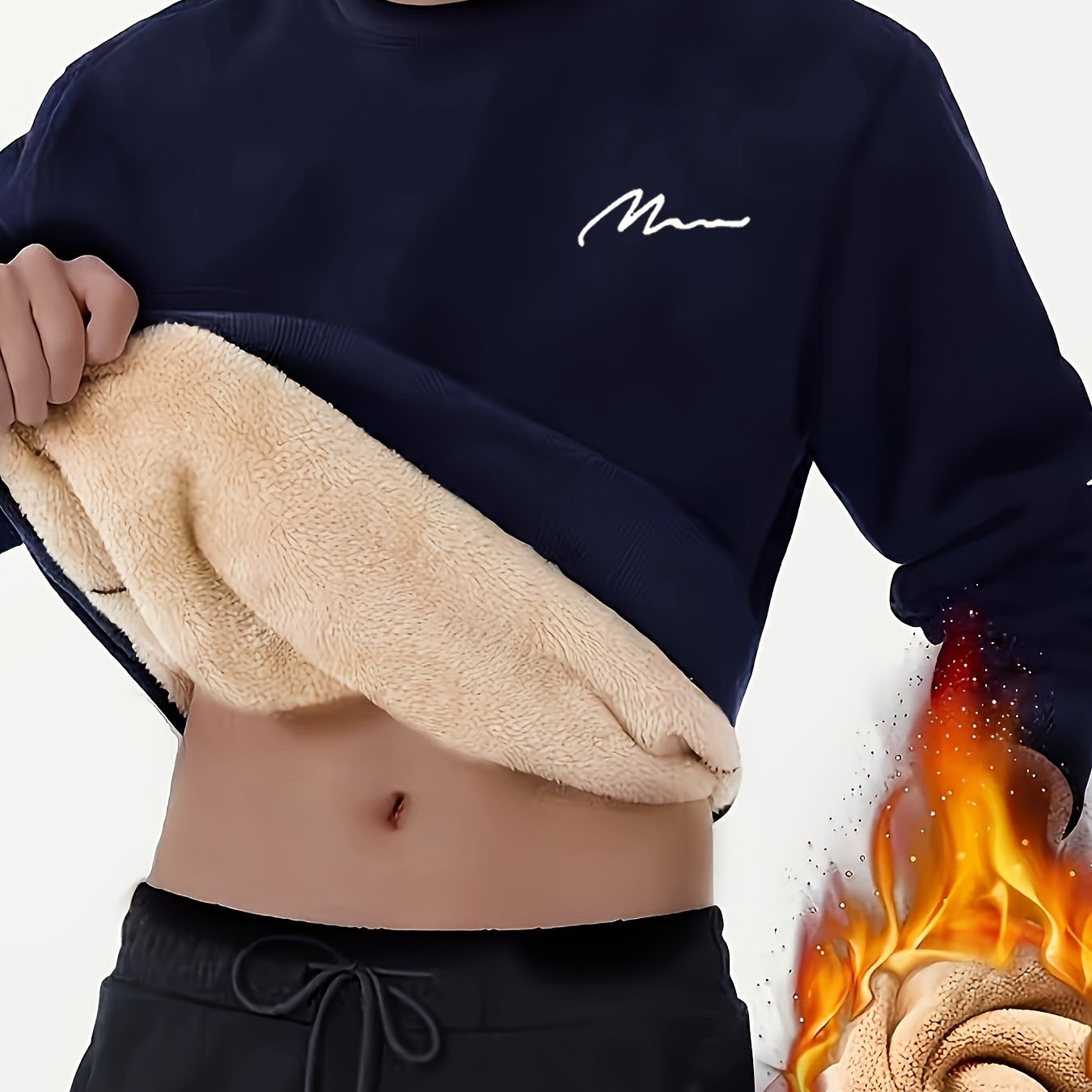 Men's Winter Fleece-lined Warm Crewneck Long-sleeve Sherpa Sweatshirt