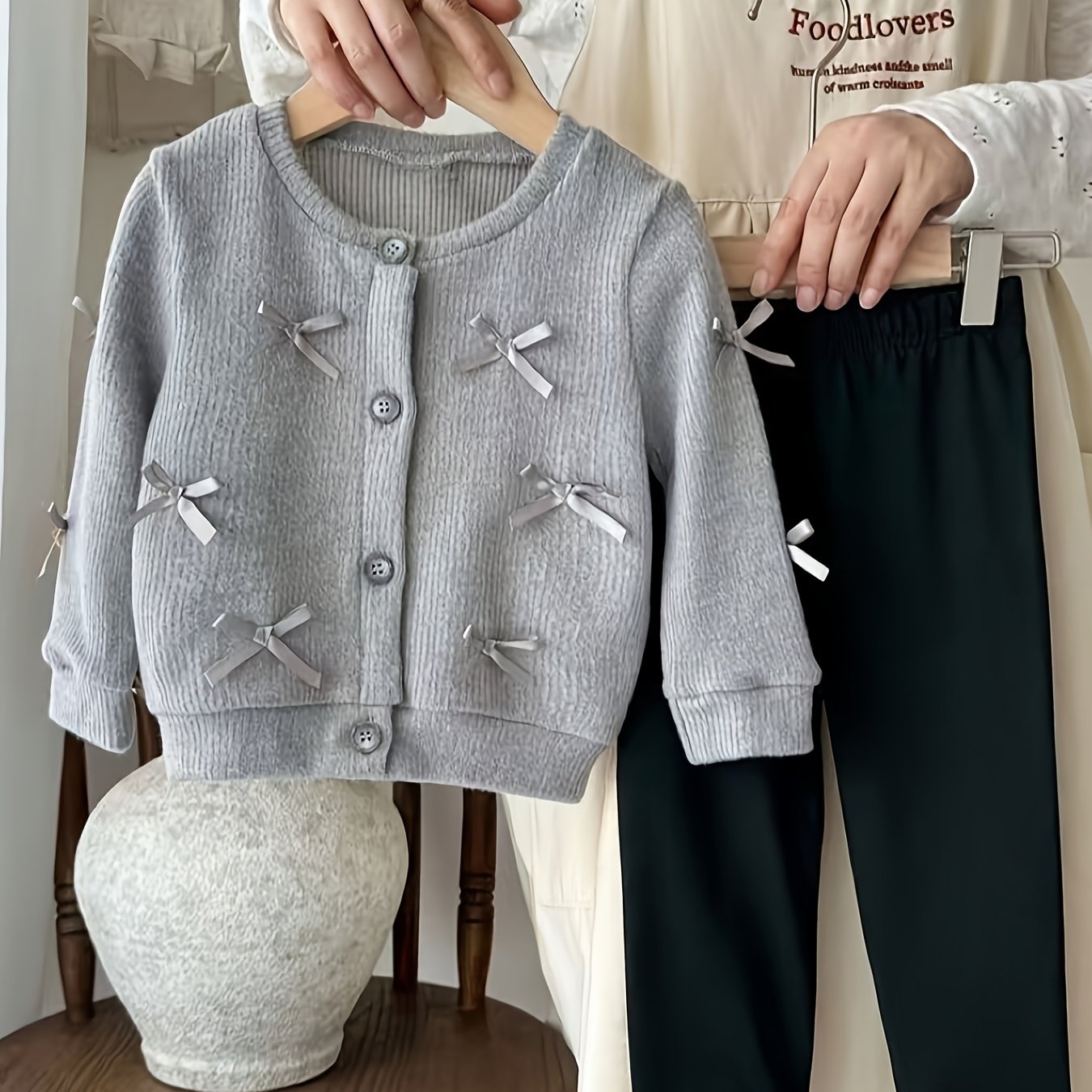 Image of Cute Baby Girl Open-front Button-up Knit Top With Bow + Pants Two-piece Set P102136, Perfect For Outdoor,christmas,halloween