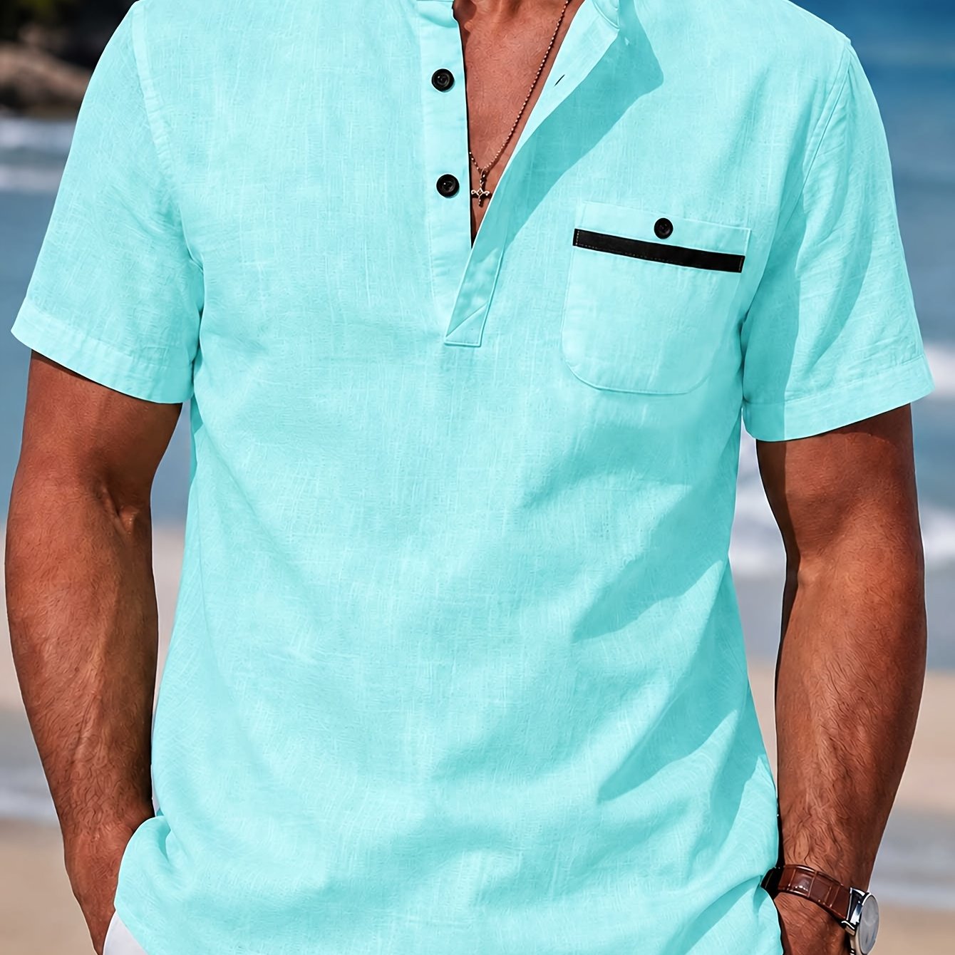 Image of Men's Casual Solid Color 100% Cotton Short Sleeve Summer Button-up Shirt, Round Neck Breathable Sweat-absorbent Pure Cotton 100g Lightweight Shirt