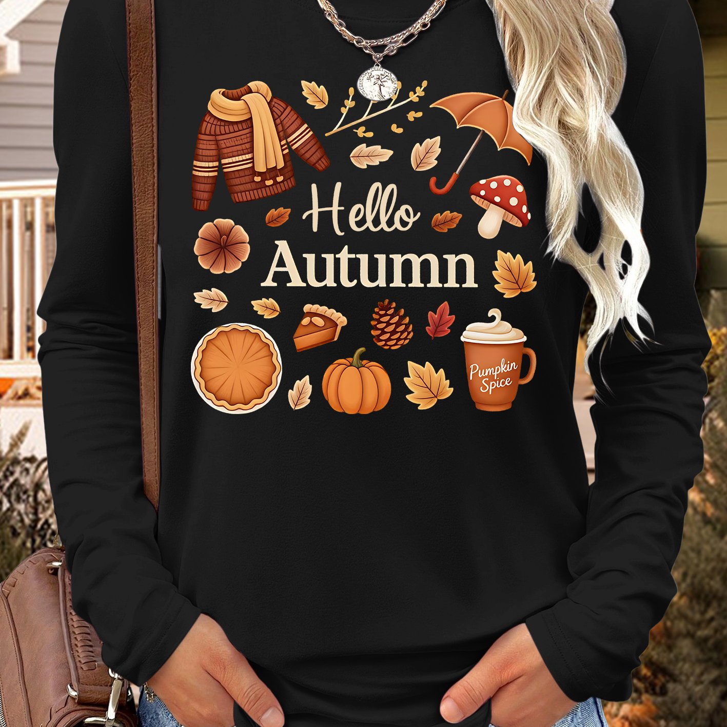 TEMU Women's Plus Size Oversized Sweater - Autumn-themed Hand-drawn Pumpkin, Mushroom, Coffee & Maple Leaf Print Round Neck Sweater Suitable For Fall