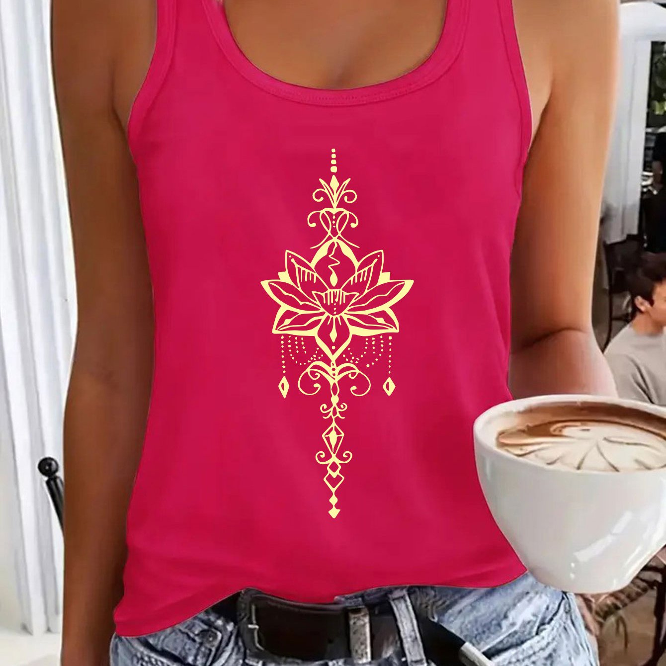 TEMU Geometric Black Golden Yoga Style Lotus Totem Pattern Mandala Design With A Drop Yoga Meditation Print, A Women's Casual Fashion Sleeveless Tank