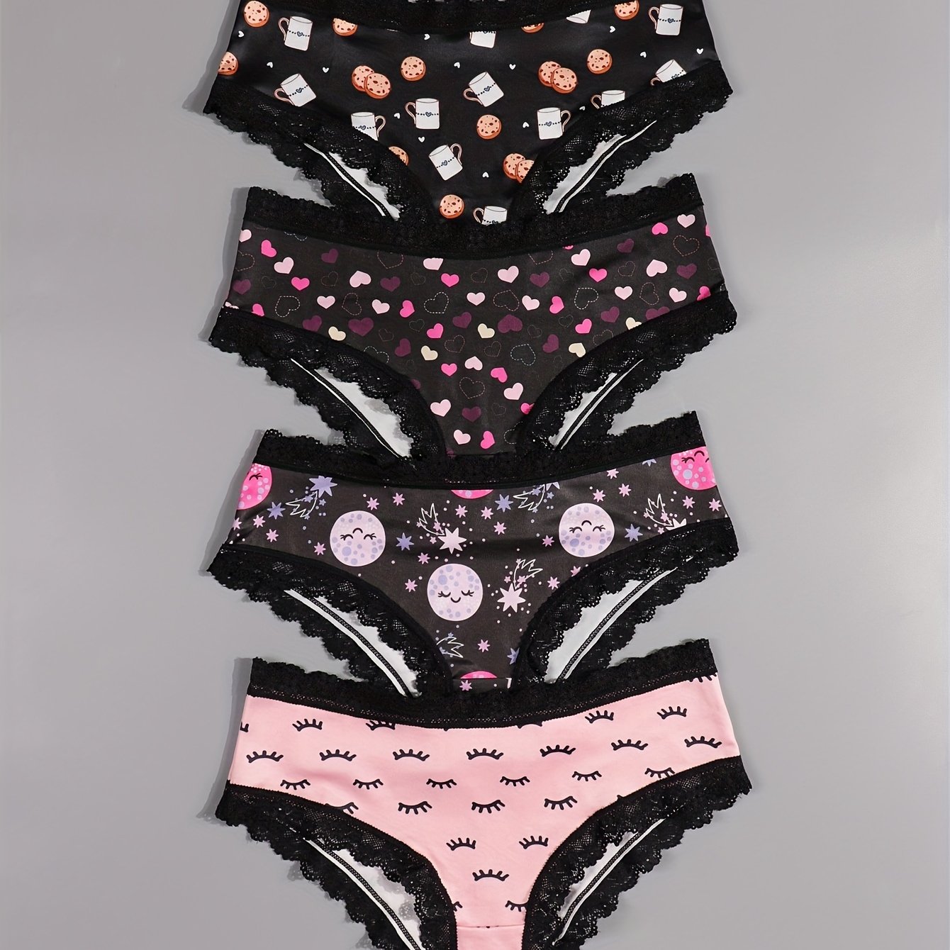 Image of 4pcs Sexy Cute Women Contrast Lace Hipsters, Black & & Bats & Stars & Cups & Eyelashes Allover Print Comfy Intimates Briefs Panties, Women's Underwear & Lingerie