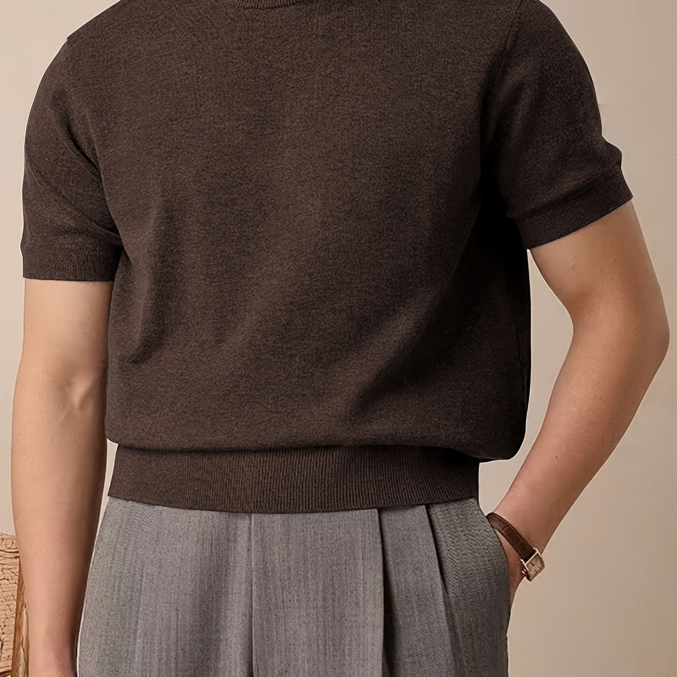 TEMU Nouveau pull décontracté à manches courtes pour homme, tissu en coupe droite, t-shirt de printemps/été, couleur unie, couche de base légère et