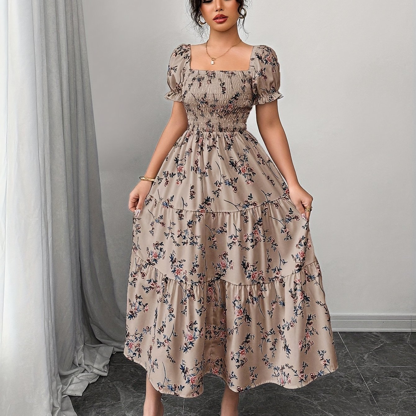 E-shop Damen A-Line Smock-Kleid mit kurzen Ärmeln, Smock-Bauchnabel-Panel & Smock-Saum – Quadratischer Ausschnitt Smock-Kleid für Frühling, Sommer,