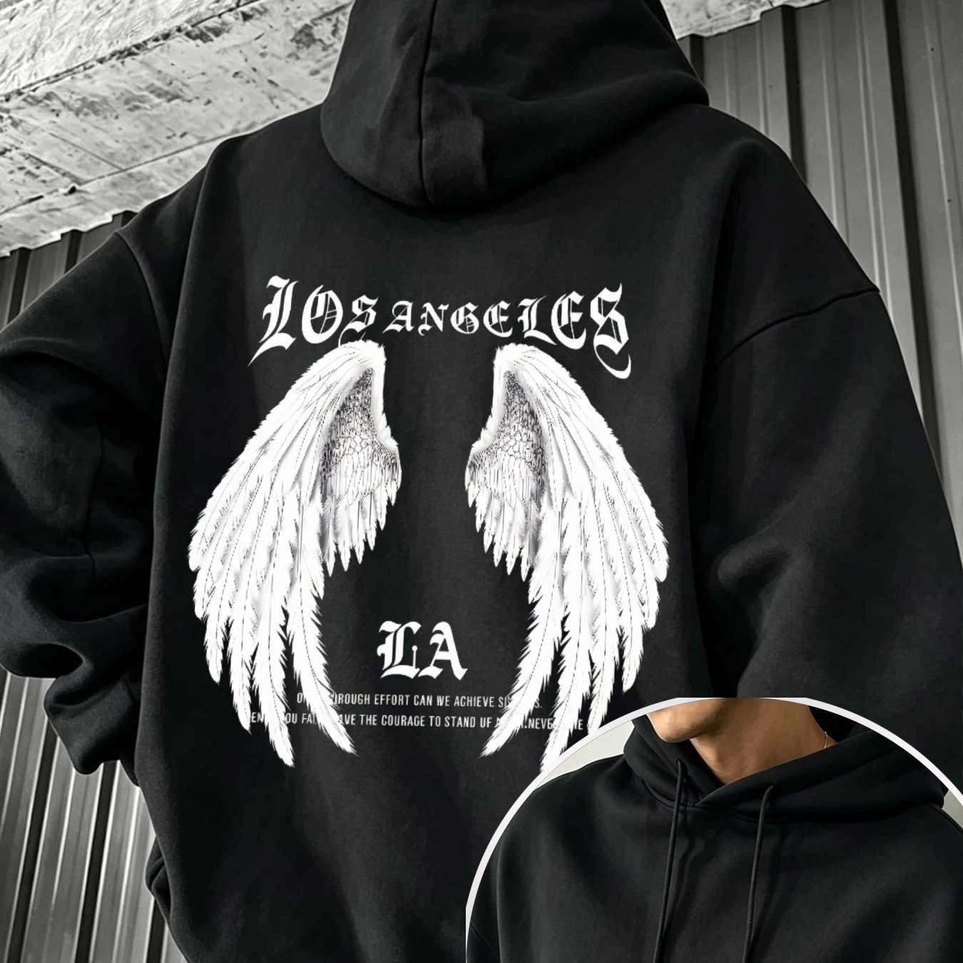 Image of Casual Sport Pullover Hoodie For , Wings & Los Angeles Print, Loose Fit, Warm, Street Style, Fall & Winter, Oversized Drop Shoulder Trend