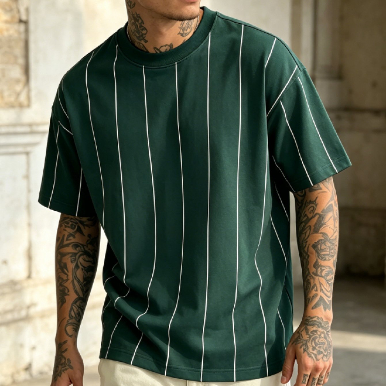 TEMU Dark Green Vertical Stripe T-shirt - Korean Style Minimalist Round Neck Short Sleeve Top, Suitable For Casual Wear, & | Machine Washable Summer