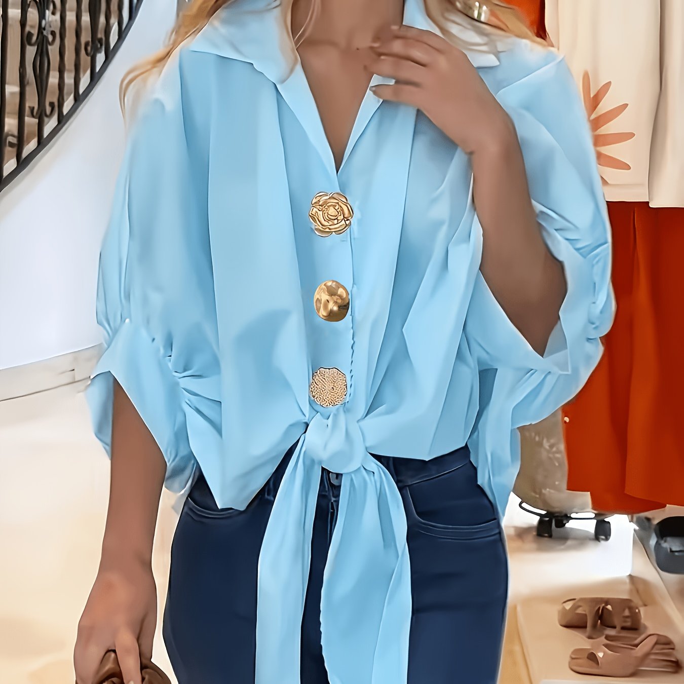 TEMU Refreshing Solid Color Shirt With Golden Buttons, Roll-up Sleeves And Tie Design. A Versatile Loose- For Vacation And Commuting. Worn With A