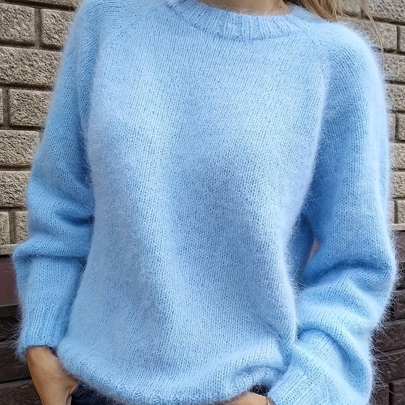 Plus Size - Casual Loose Sweater | Fall/winter Solid Color Crew Neck Pullover With Stretch Fabric