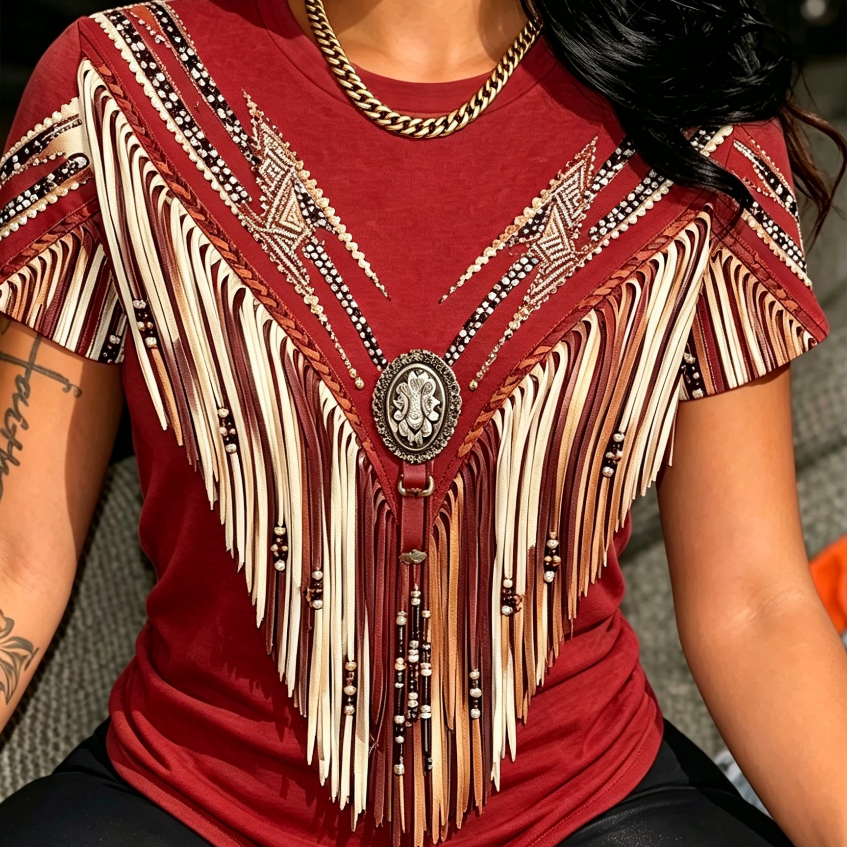 TEMU Printed Design - No Texture: Summer Women's T-shirt With Burgundy Vintage Tassel Pattern Print, Bohemian Style, Soft, Skin-friendly, And