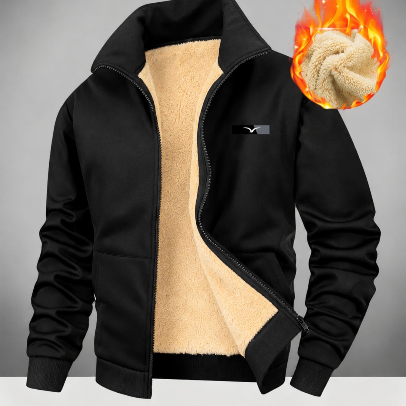 TEMU 1pc Men's -lined Full Zip Jacket, Minimalist Bird Graphic Stand Collar With Front Pockets, Casual , Fall& Winter, Regular Fit For Daily Wear And
