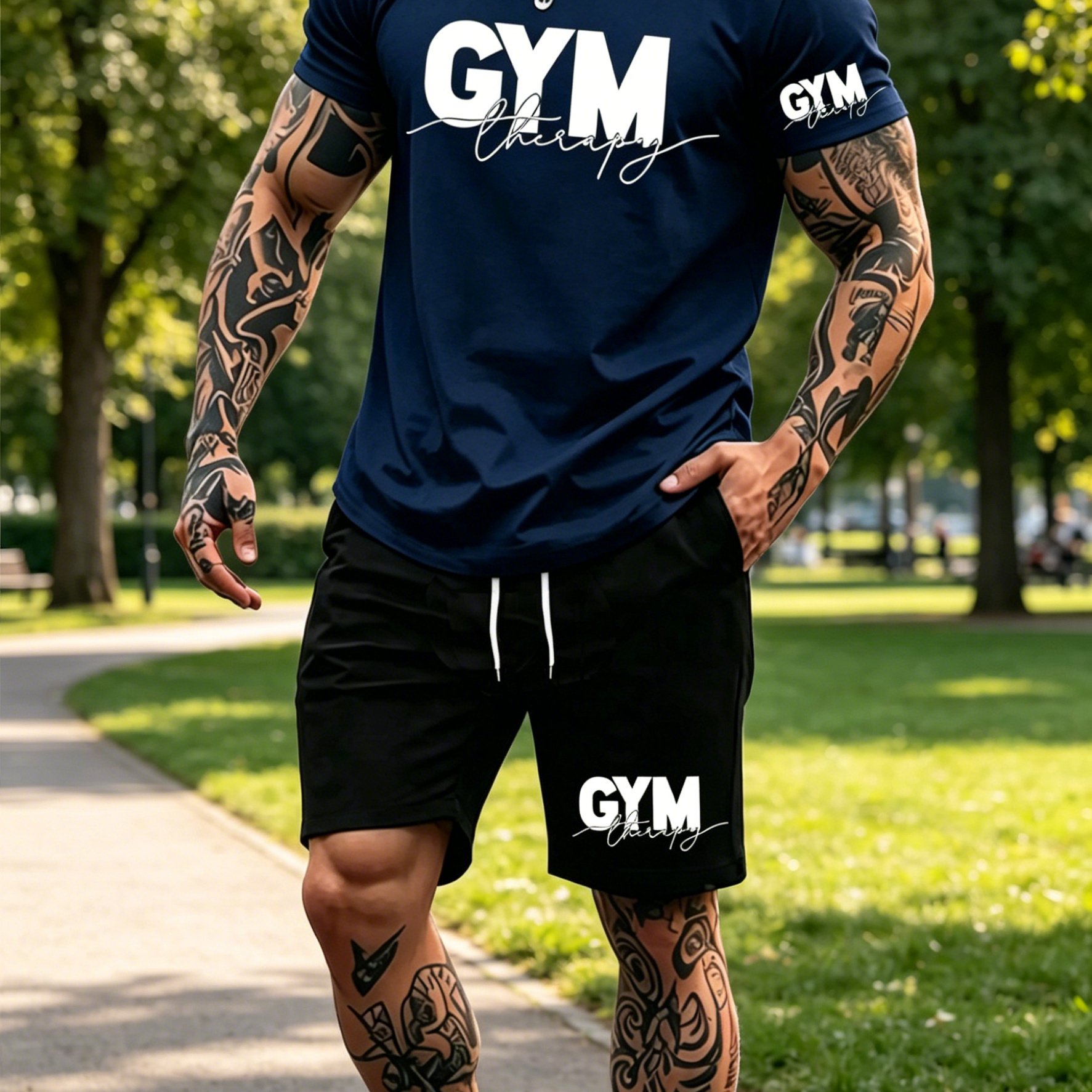 TEMU Men's Fashion Casual Athletic T-shirt And Shorts Set, Breathable Comfortable Fun Pattern Leisure Two-piece Set Letter Print Short Sleeve T-shirt