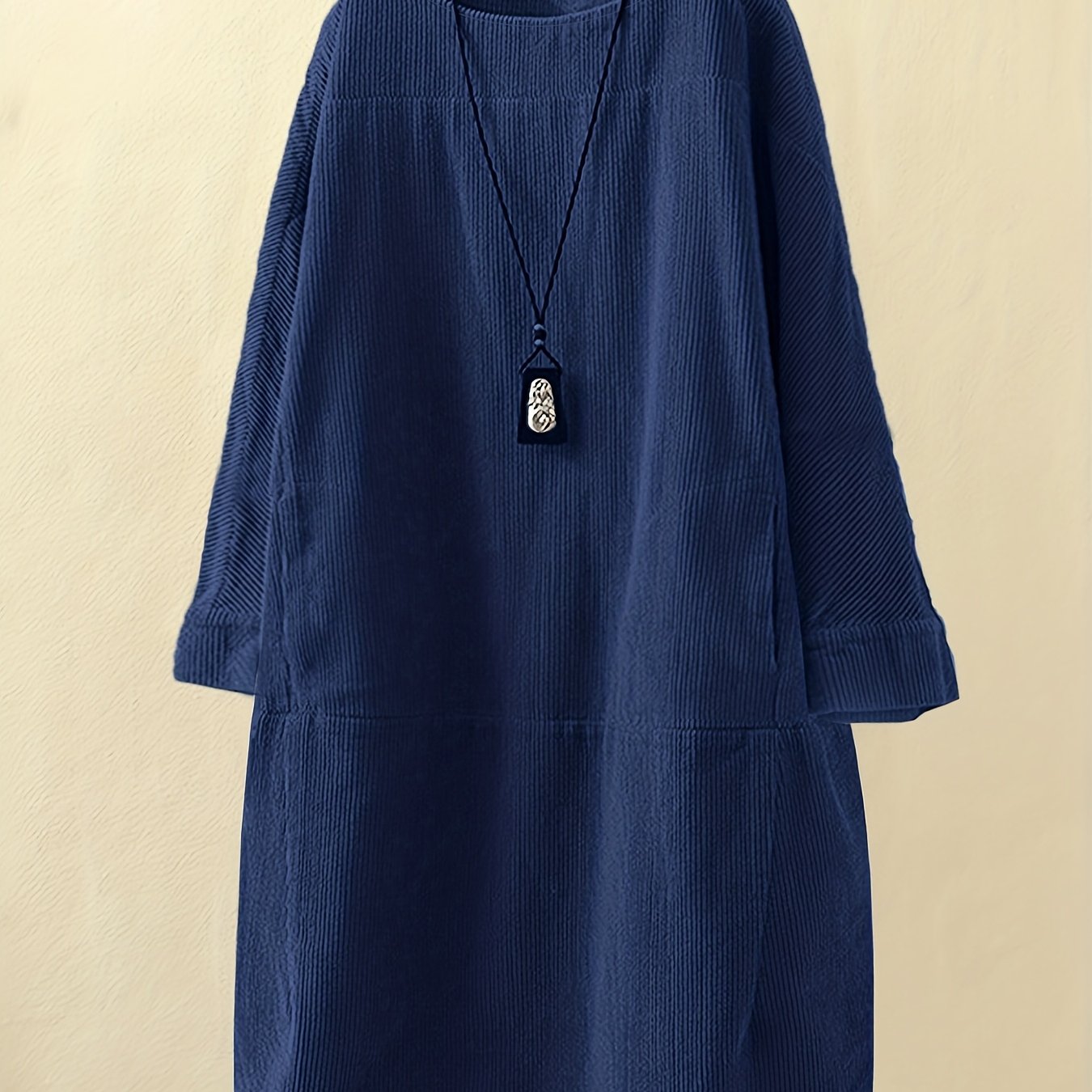 TEMU Plus Size, Spring/autumn New Arrival Thin Fabric Three-quarter Sleeve Vintage Casual Solid Color Knee-length Dress Loose Size Women's Dress