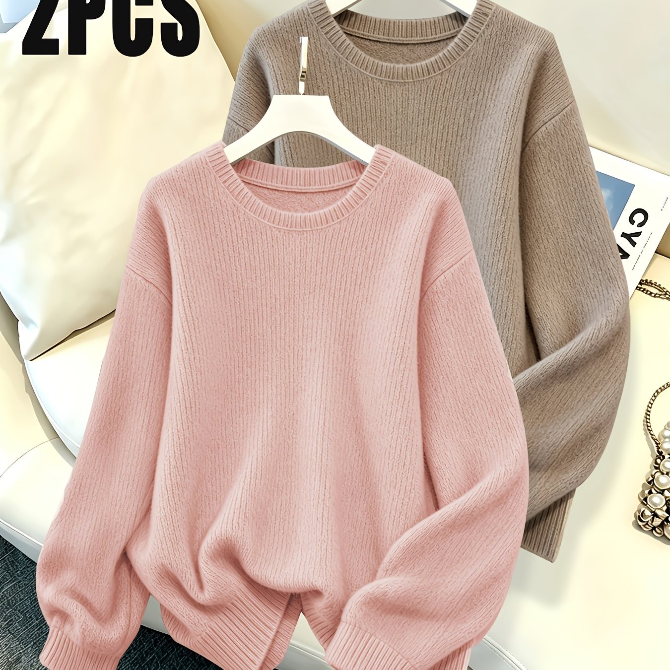TEMU Women's 2pcs Soft Warm Sweater Sweaters - Loose Fit Oversized Crewneck Pullover, Solid Color Long Sleeve Basic Tops Suitable For Autumn Winter