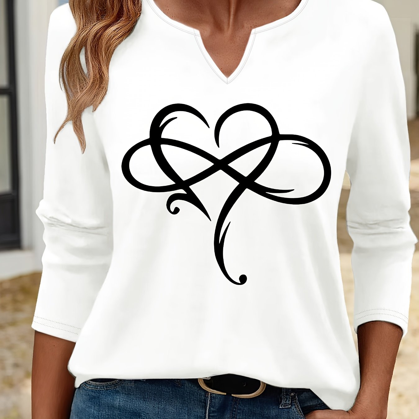 TEMU Spring And Autumn Casual Long-sleeve T-shirt For Women, Featuring A Heart Infinity Symbol Print And A V-neck Design, Comfortable And Versatile