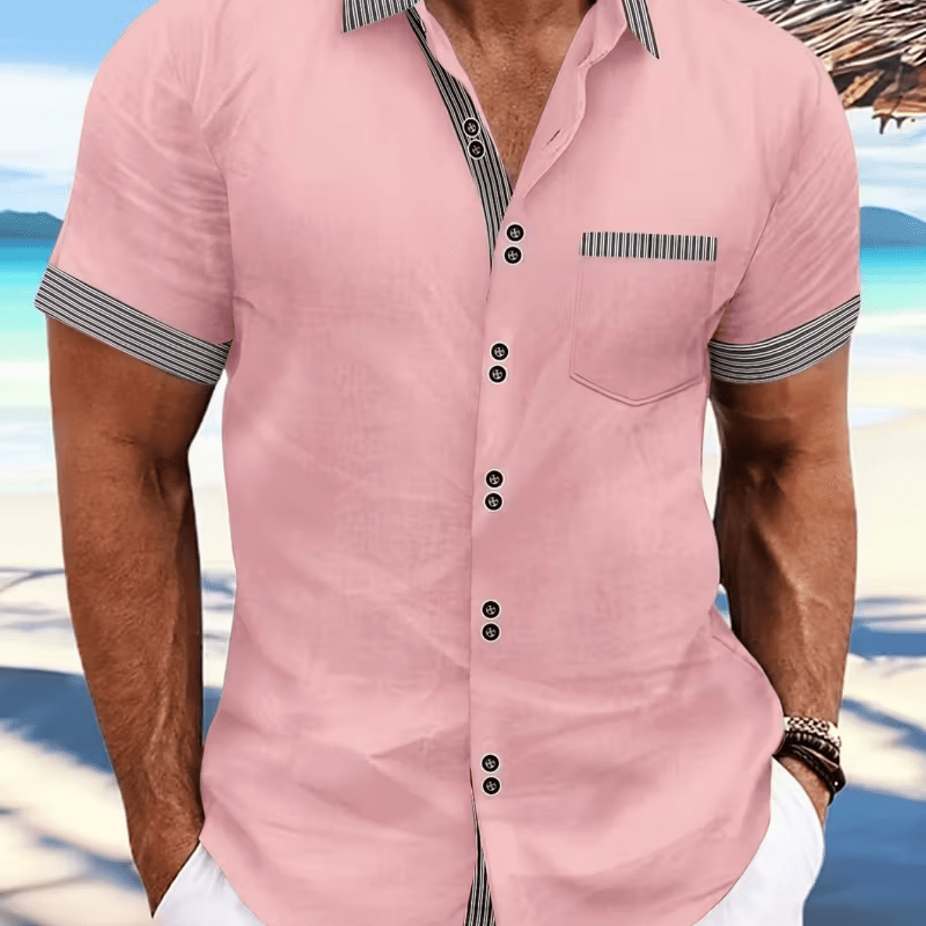 Men's Linen Short-sleeve Lapel Button- Shirt, Casual Lapel Chest Pocket Breathable Summer Beach Vacation Top