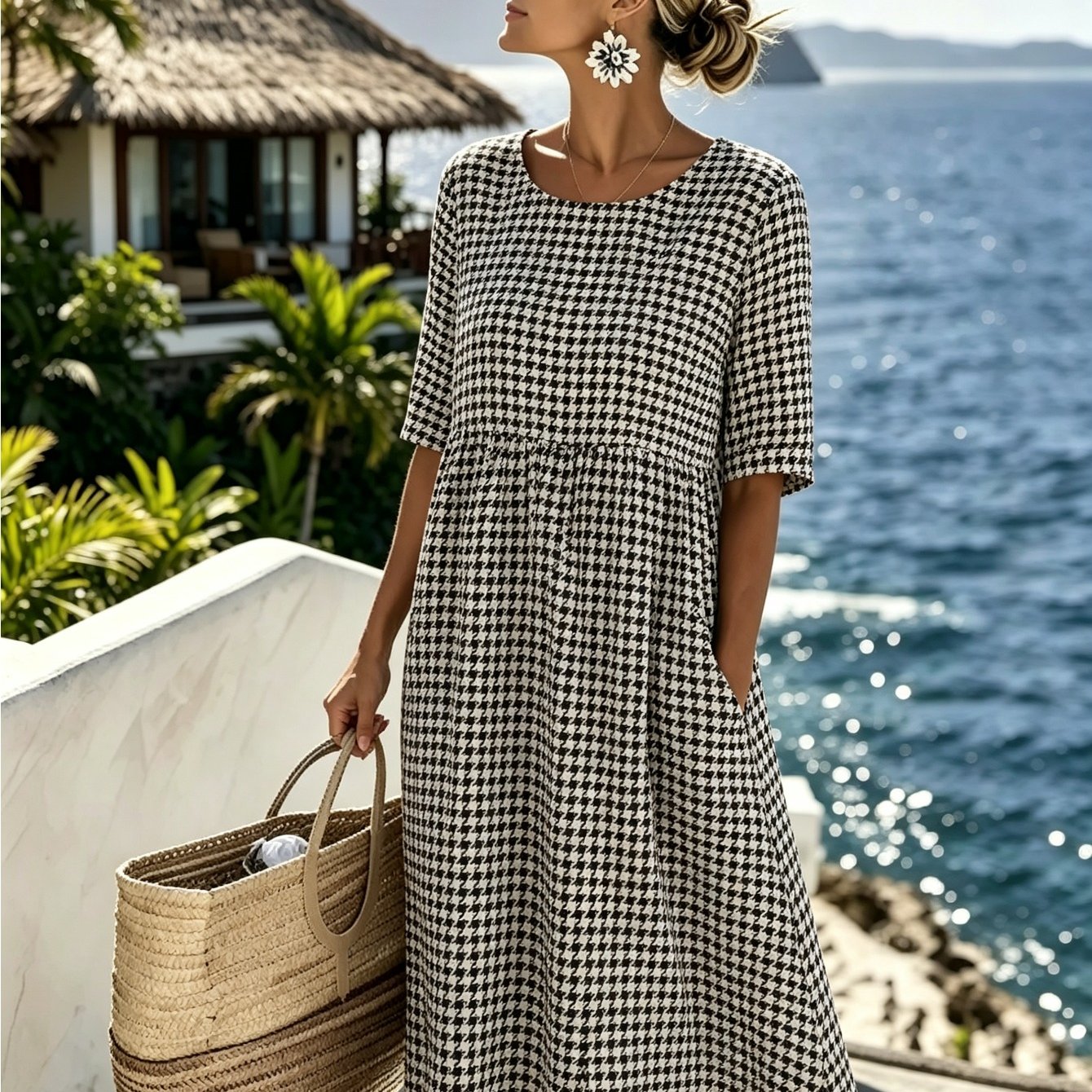 Women's Geometric Print Midi Dress - Round Neck Half Sleeve With Pockets, Casual Loose Fit Summer Dress For Vacation Beach Daily Wear
