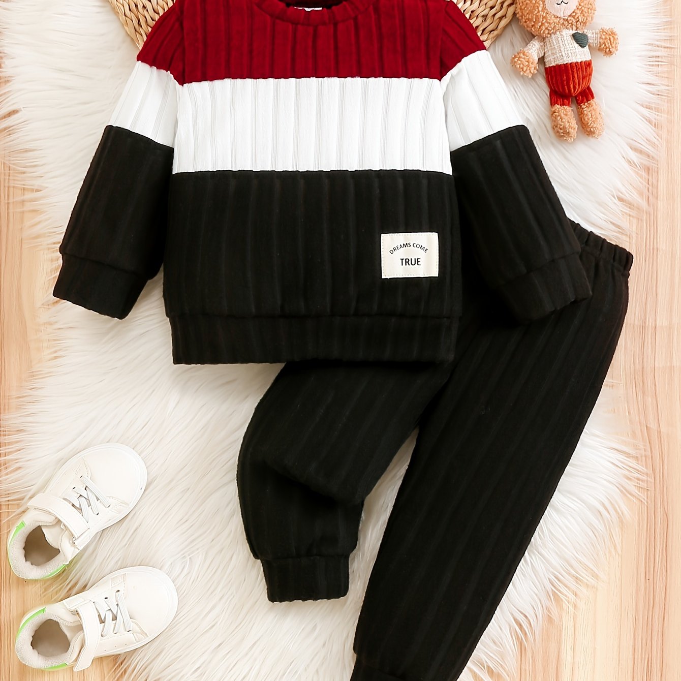 Image of Spring And Autumn Style Boys' Color-matching Design Round Neck Long Sleeve Top And Pants Casual 2pcs Set, Newborn/toddler Necessities,christmas,halloween