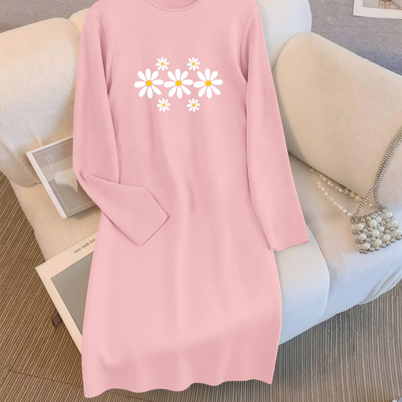 TEMU Plus Size, Autumn Fashion New Arrival Plus Size Casual Women's Dress With White Daisy Print, Long Sleeve, Simple , Round Neck, Straight Cut, For