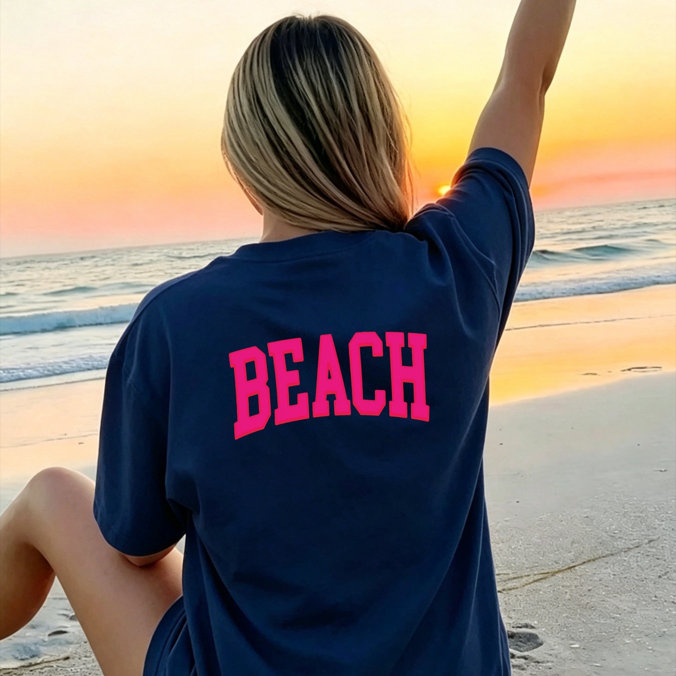 Image of Yellow Beach-themed Women's Oversized T-shirt, Pink 'beach' Summer Wear, Ideal For Travel & Relaxation - A Thoughtful Gift For Her