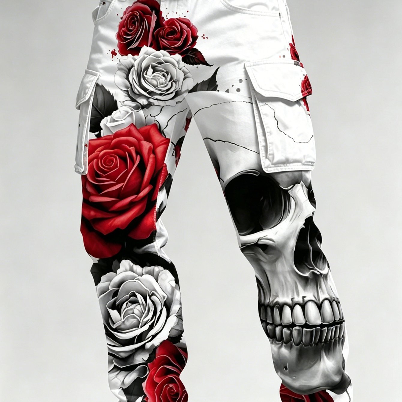 Image of Men's Digital Printed Skull Rose Cargo Pants, Casual Streetwear Straight Leg Trousers For Daily And Party Wear