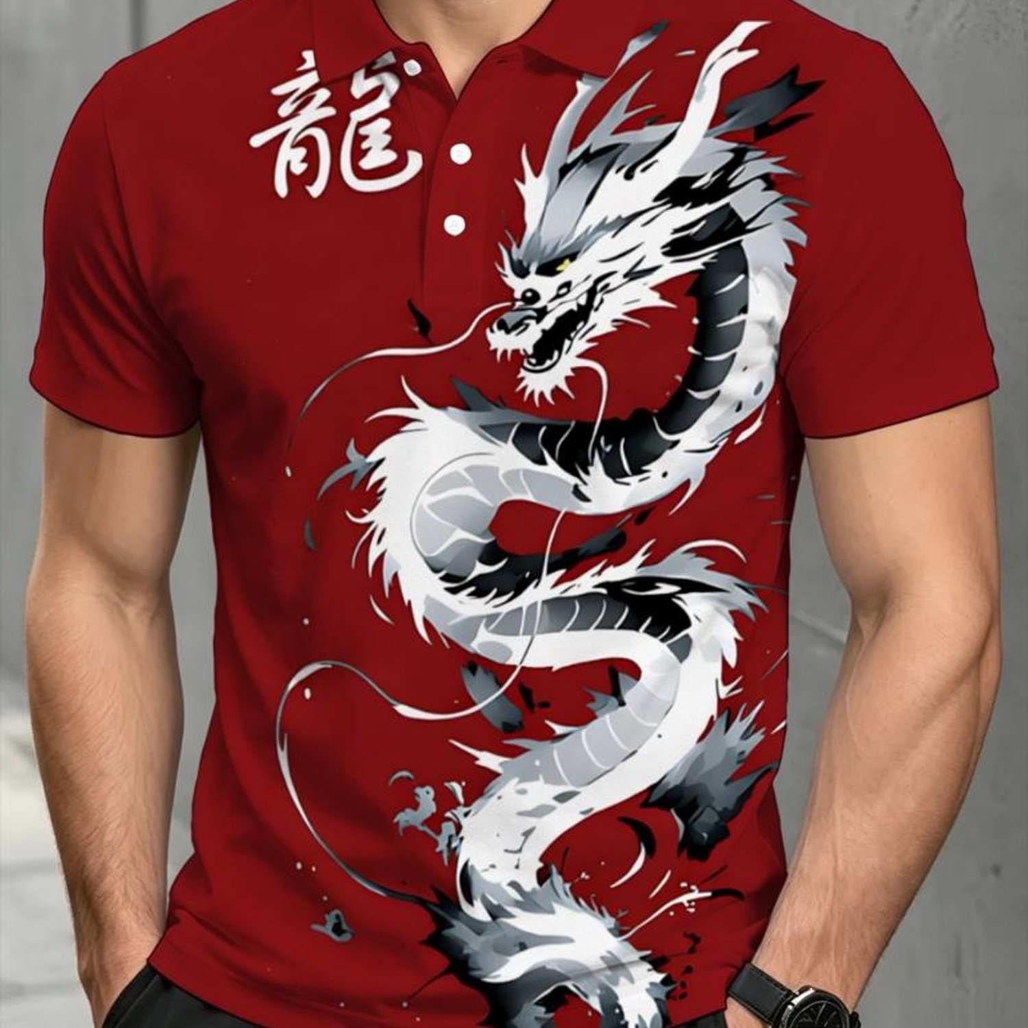 TEMU Men's Short-sleeve Shirt With Large Ink Wash Dragon Trendy Print, Suitable For Weekend , Daily , And Other Occasions [printed Design - Not