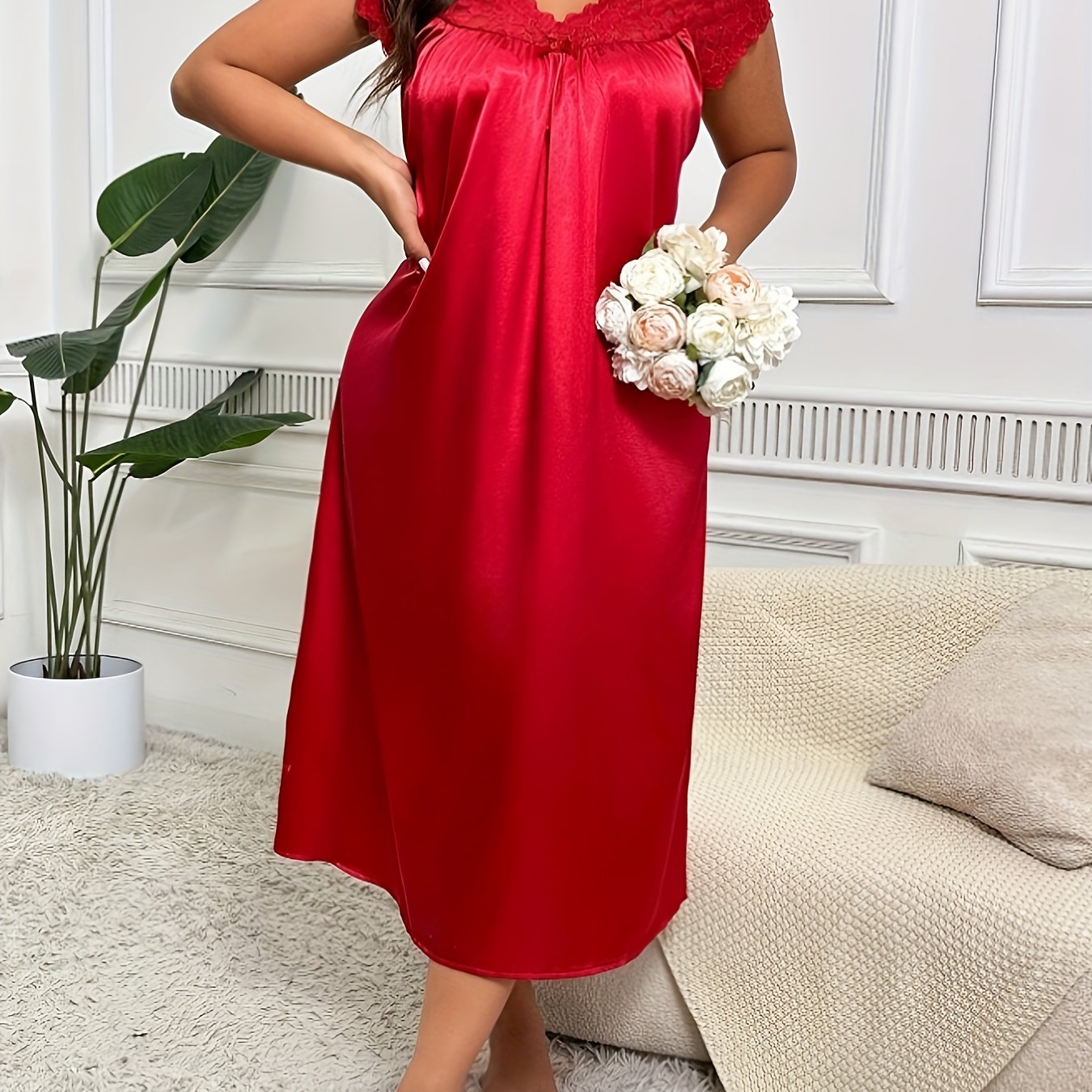 Image of Women's Plus Size Elegant Red Satin Nightgown With Lace Trim And Bow Detail - V-neck, Short Sleeve, Flowing Design, Machine Washable - Weddings Or Special Occasions, Satin Dress