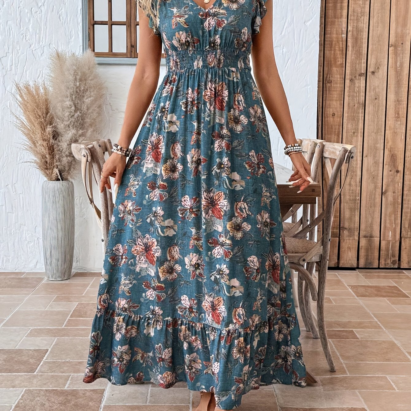 E-shop Neuheit Frühling/Sommer: Damen-Wickelkleid mit Blumendruck, V-Ausschnitt kurzen Ärmeln im europäischen amerikanischen Modetrend für Urlaub