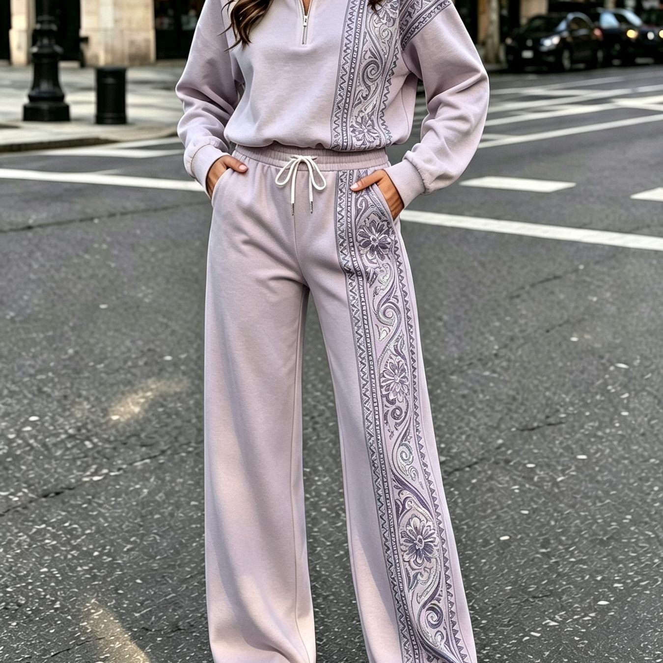 Image of Two-piece European And Women's Casual Set, Stand-collar Zip-up Top And Casual Trousers, Geometric Design, Suitable For Casual Outdoor Daily Wear And Commuting