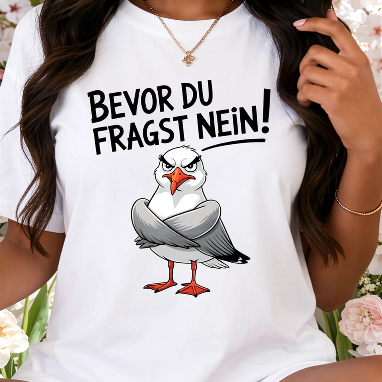 Image of Ladies Short T-shirt, German "before You Ask No!" With Angry Seagull Cartoon Pattern, Loose And Fitted, Soft, Skin-friendly And Breathable, Suitable For Multiple Such As Daily Commuting, Casual