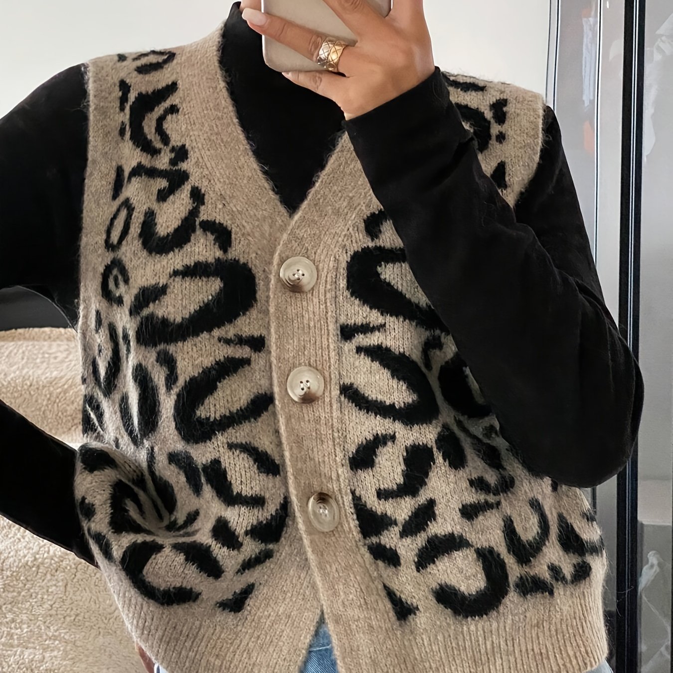 Mz25022498 Directional Style Women's Spring/autumn Casual Leopard Print Front-button Vest Sleeveless V-neck Sweater