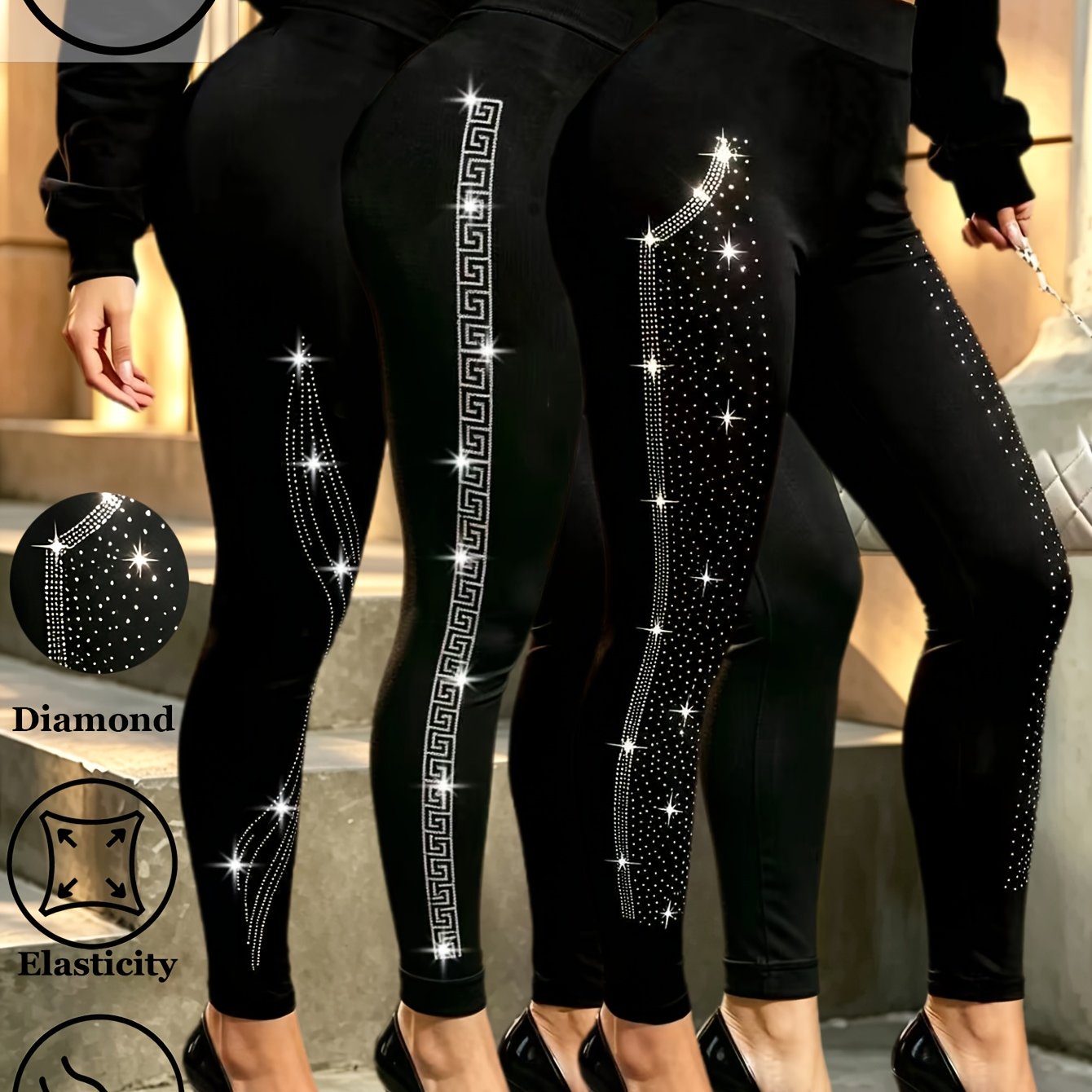 TEMU 3-pack Women's Fashion Rhinestone Leggings Black High Stretch Fabric Sparkling Starry Casual Parties Entertainment Parties Entertainment Elegant