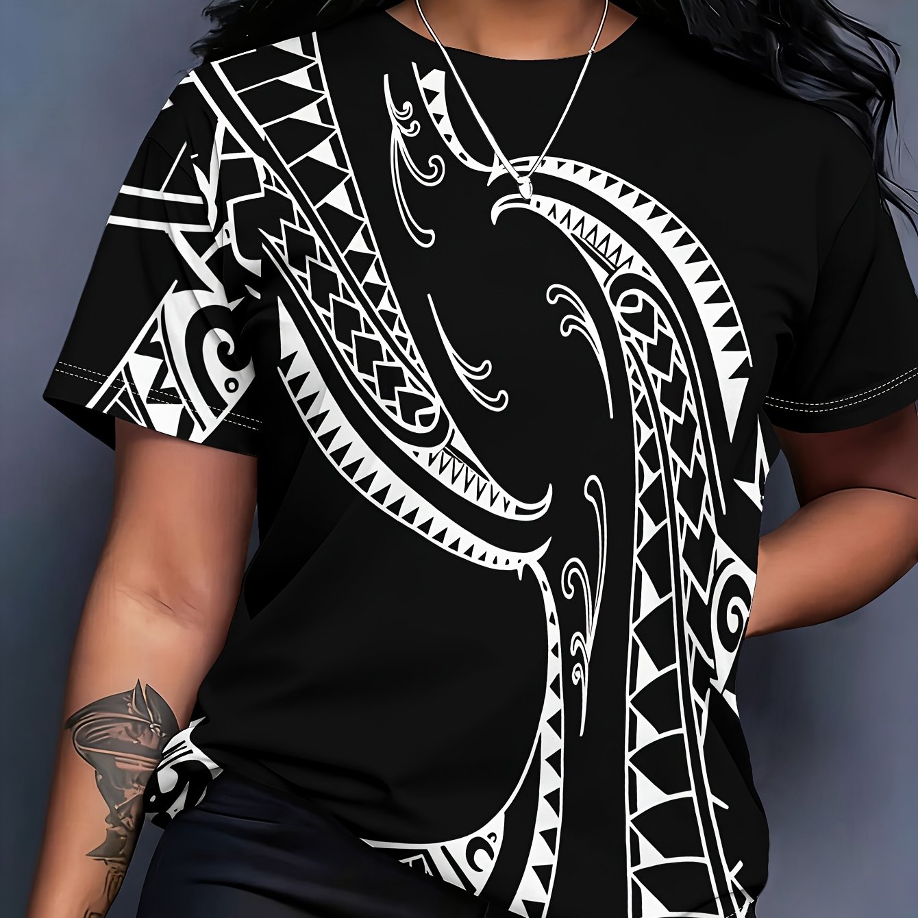 TEMU [printed Design, Non-realistic Texture] New Women's Short Sleeve T-shirt, Fashion Polynesian Totem Print, Versatile Top, Summer Beach Vacation