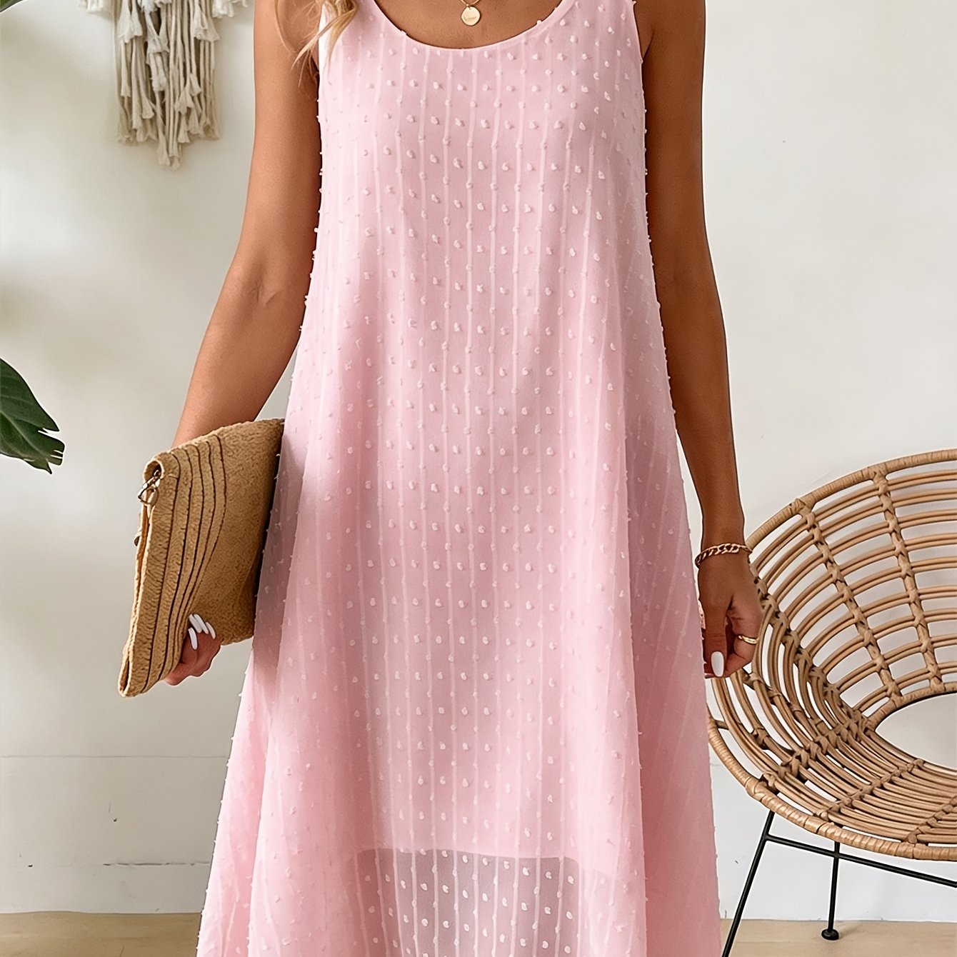 TEMU Plus Size - French Gentle Style Velvet Polka Dot Dress, Lace Strappy Loose Flowing Casual All-match Temperament Mid-length Skirt