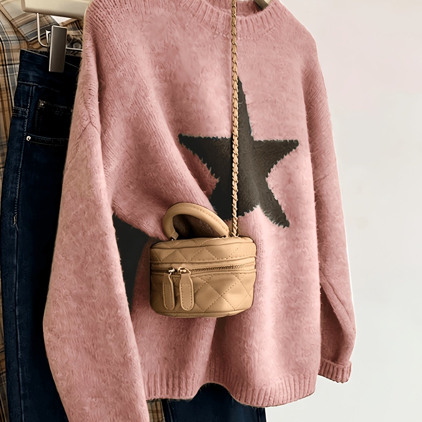 TEMU Plus Size - Star Pattern Casual Loose 's Plus Size Round Neck Long Sleeve Sweater Autumn Winter Style