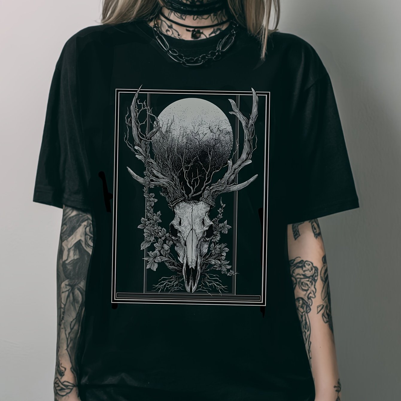 Image of Deer Skull Goth T-shirt | Dark Academia, Cottagecore Forestcore, Gothic Clothes, Emo Gift For Her, Crew Neck, Stretch, Regular Fit, Geometric Pattern, Plus Size