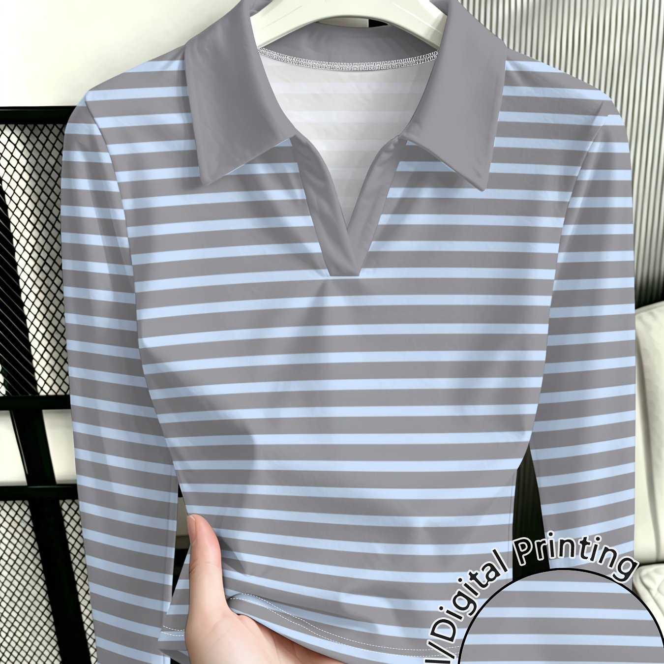 TEMU Women's Striped Long Sleeve Lapel Top - Stylish, Versatile, Figure-flattering, And Slim-fit Bottoming Shirt; , , , A Easy Design, And A Trendy,