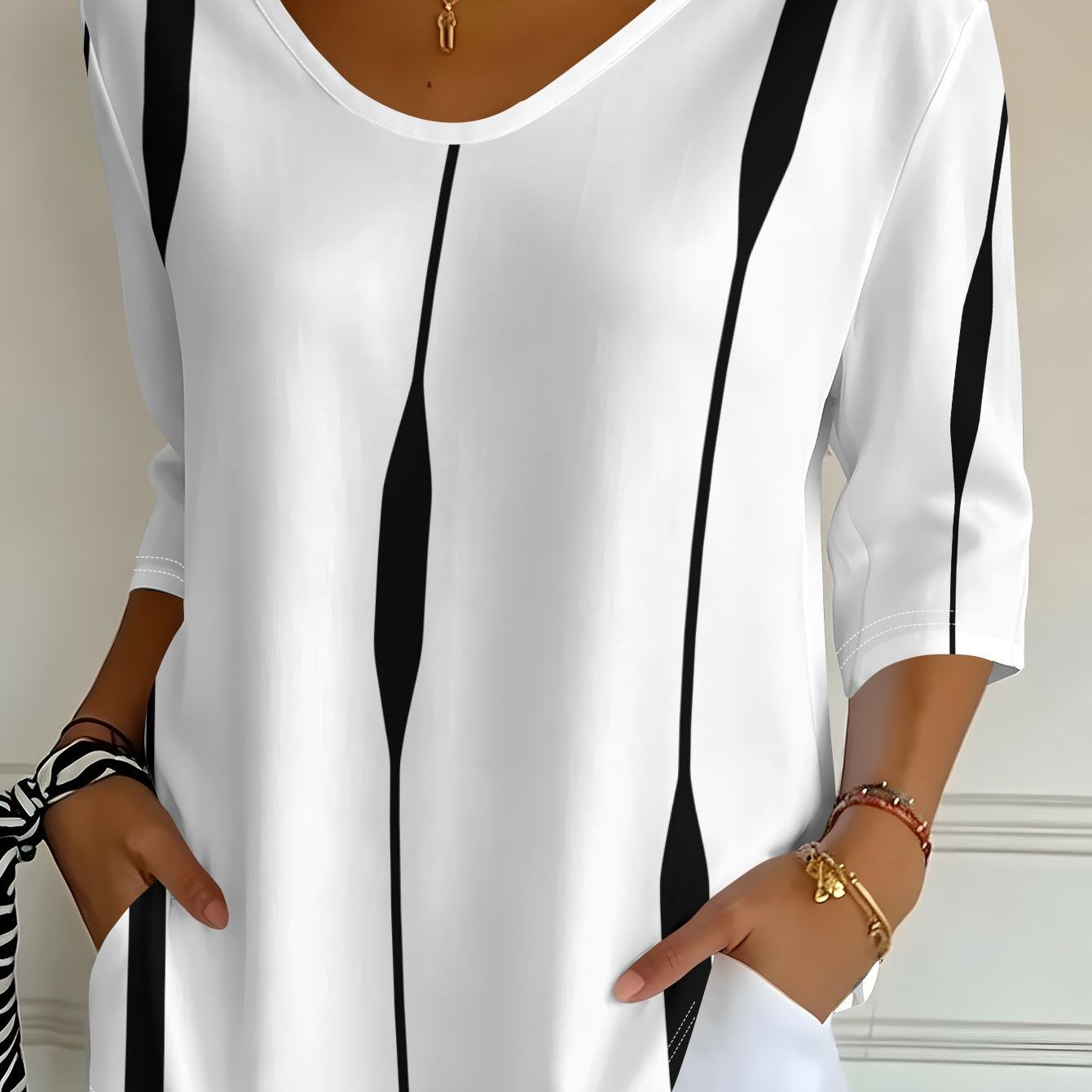 TEMU Women's V-neck Three-quarter Sleeve Black And White Vertical Stripe Abstract Top