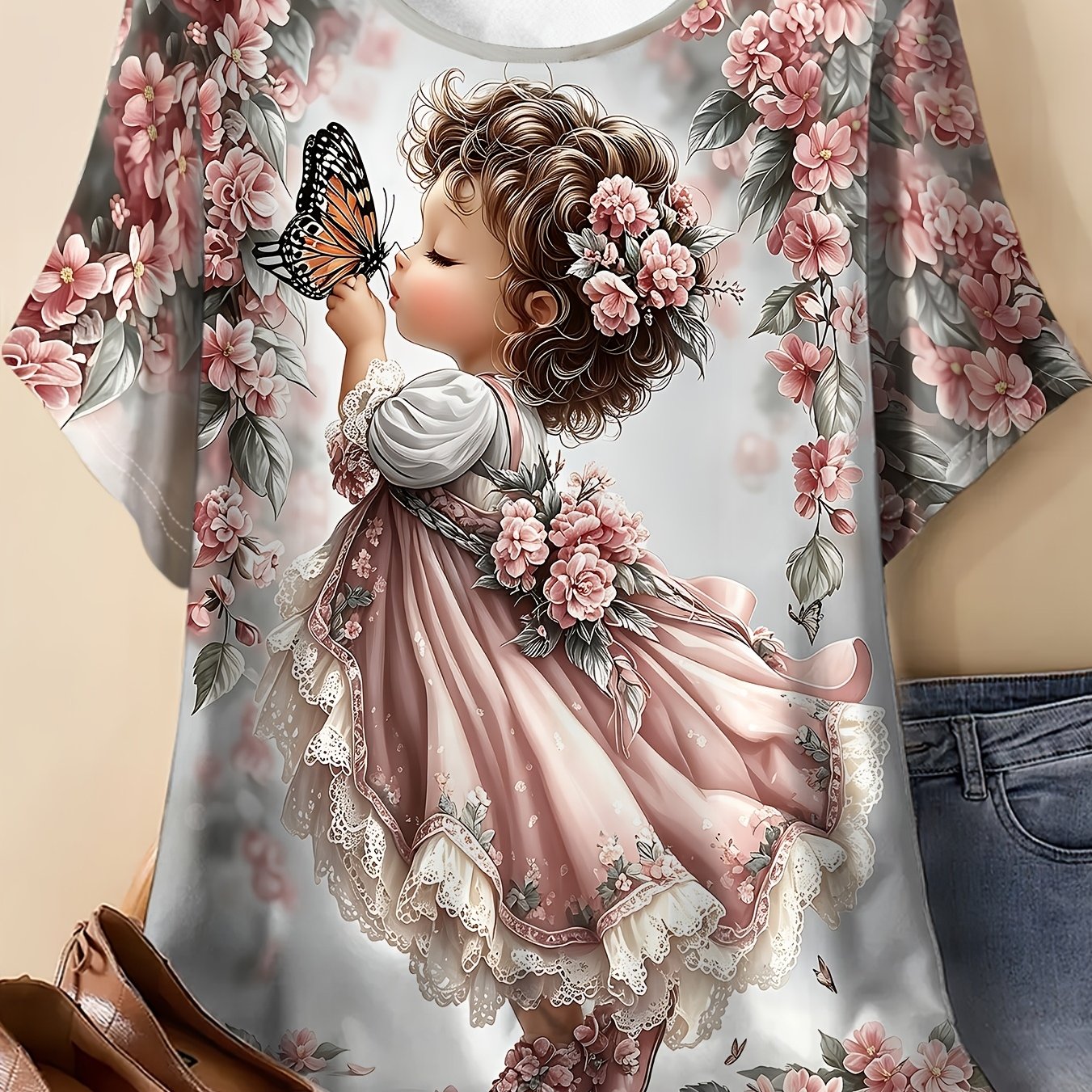 TEMU Women's Summer Plus Size Round Neck T-shirt, Surround Print Kissing Butterflies Illustration