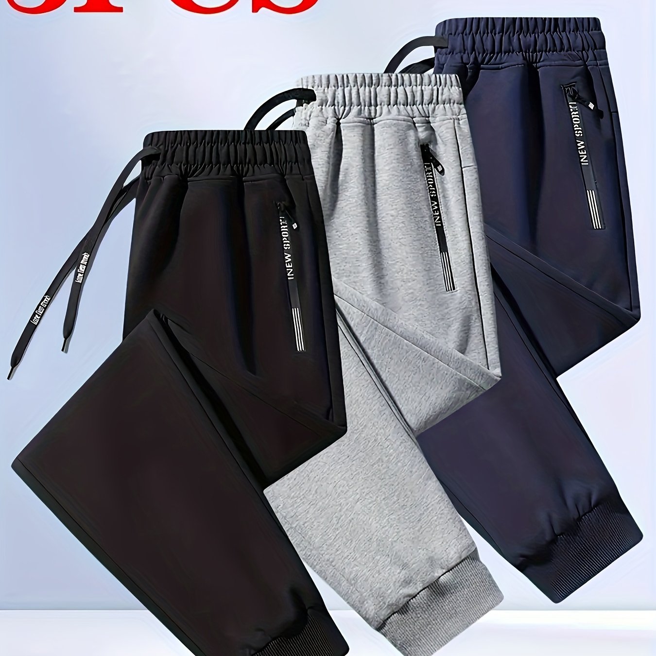 TEMU Men's 3pcs Set Solid Color Loose Casual Sport Pants - Letter-printed Zipper Pockets, Elastic Drawstring Waist, Fitness And Daily Jogging Pants,