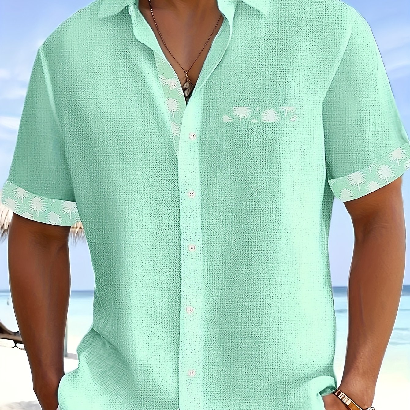 Image of Men' Tree Shirt - Short Sleeve Lapel Summer Beach Party Outdoor Wear, Breathable Machine-washable Regular Fit, Nonstretch Fabric, Vacation Outfit, , Durable Material, Printed Top, Adult Clothing