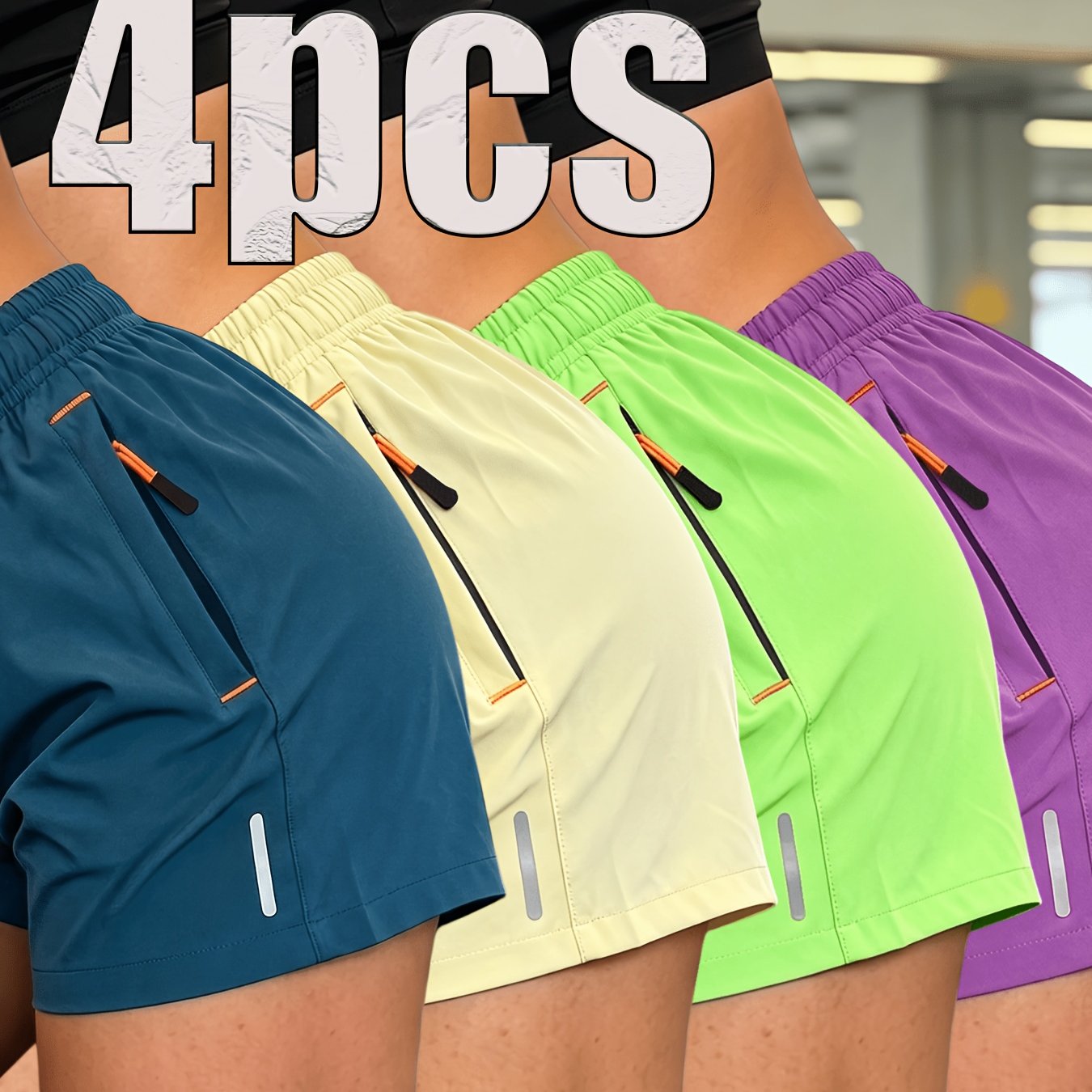 TEMU 4pcs Women's Sports Shorts With Printed Design On Sides, Elastic Drawstring Waist, And Zippered Pockets, Perfect For Summer Outfits
