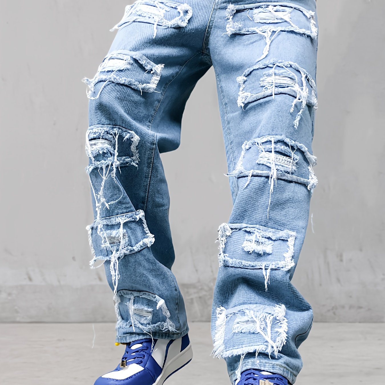 mens ripped fringe jeans loose straight drape vintage denim pants mens trousers