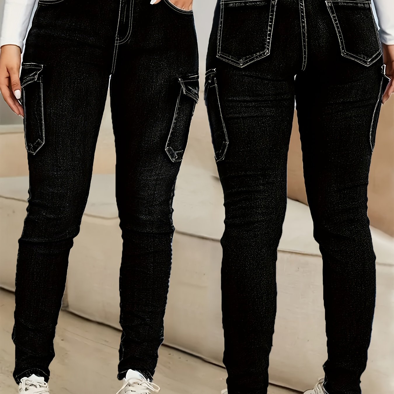Image of Washed Blue Plus-size Multi-pocket Cargo Leggings Jeans For Women, High-waist Street Style Mature Jeans, Stretchy High-elasticity Plus-size Jeans