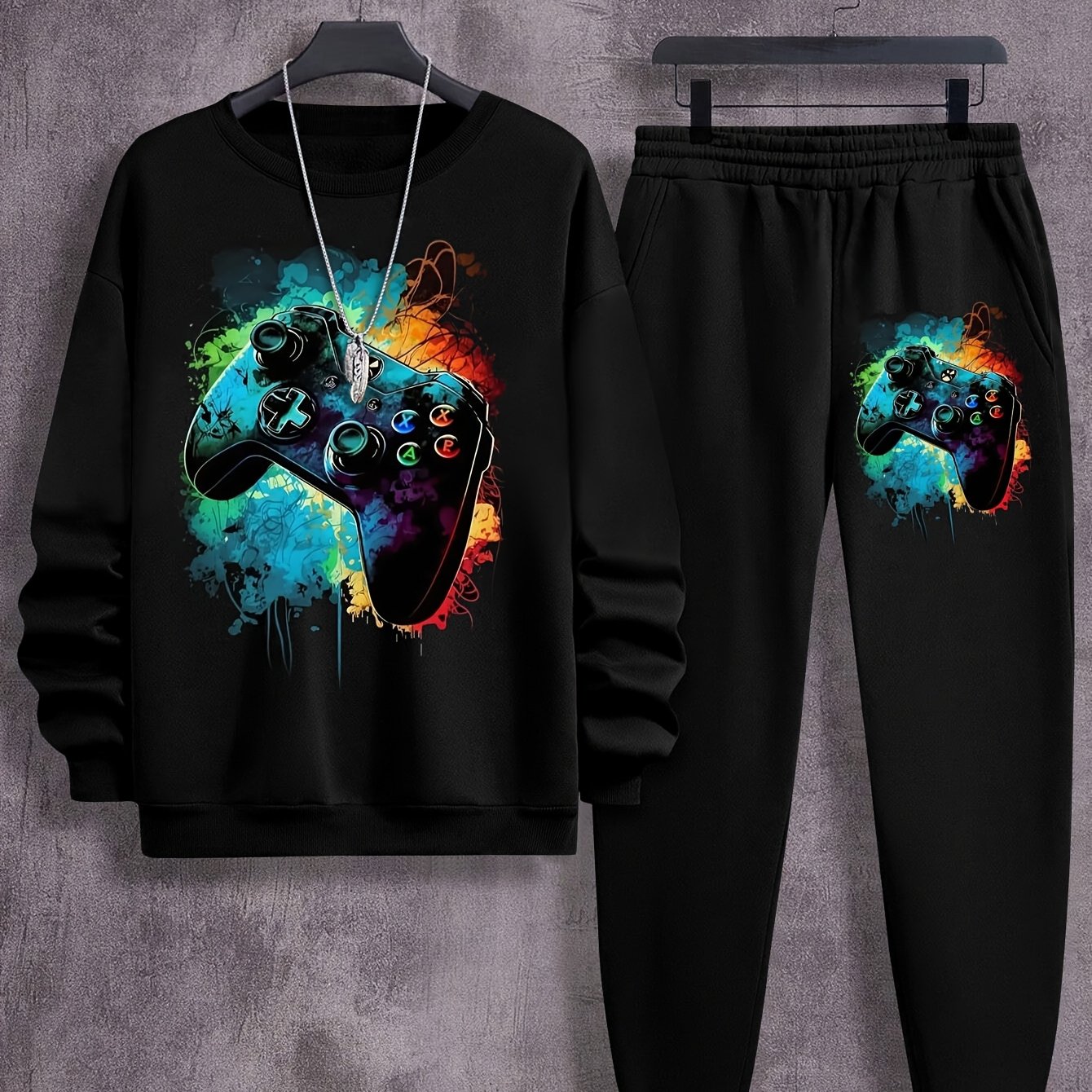 Autumn And Winter Casual Boys' Graffiti Game Console Pattern Sweatshirt Set, For Outdoor